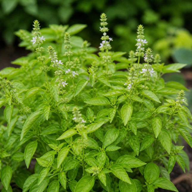 Bazylia limonkowa Ocimum americanum 'Lime' – krzaczek z jasnozielonymi liśćmi i kłosami drobnych białych kwiatów